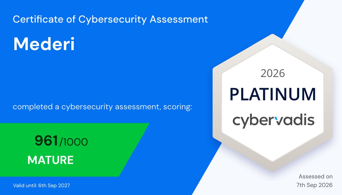 Certificat d'évaluation cybersécurité CyberVadis 2026 — MEDERI : niveau Platinum, score 961/1000, maturité Mature, valable jusqu'au 6 septembre 2027